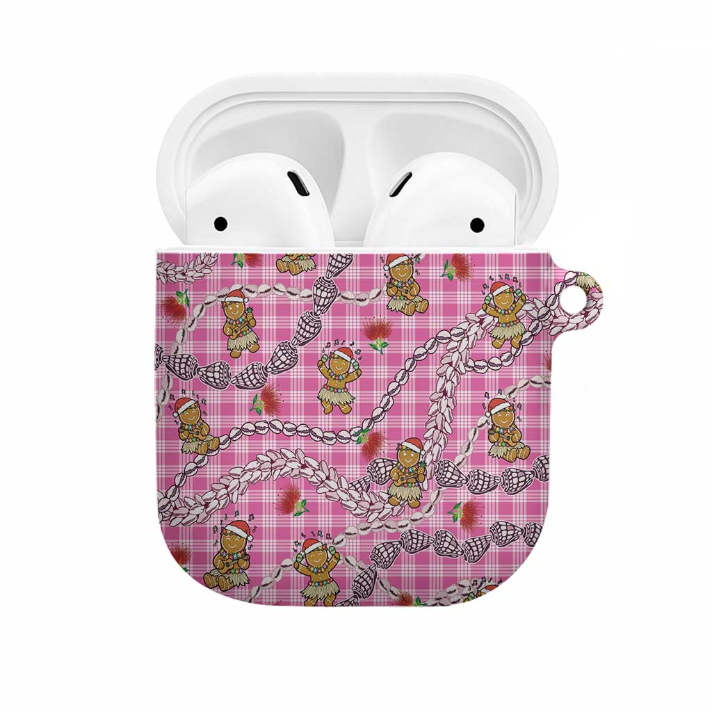 Pink Palaka Hawaii Mele Kalikimaka AirPods Case Ohia Lehua Shell Leis Funny Gingerbread Santa - Polynesian Pride