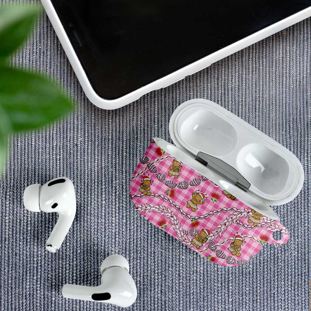 Pink Palaka Hawaii Mele Kalikimaka AirPods Case Ohia Lehua Shell Leis Funny Gingerbread Santa - Polynesian Pride