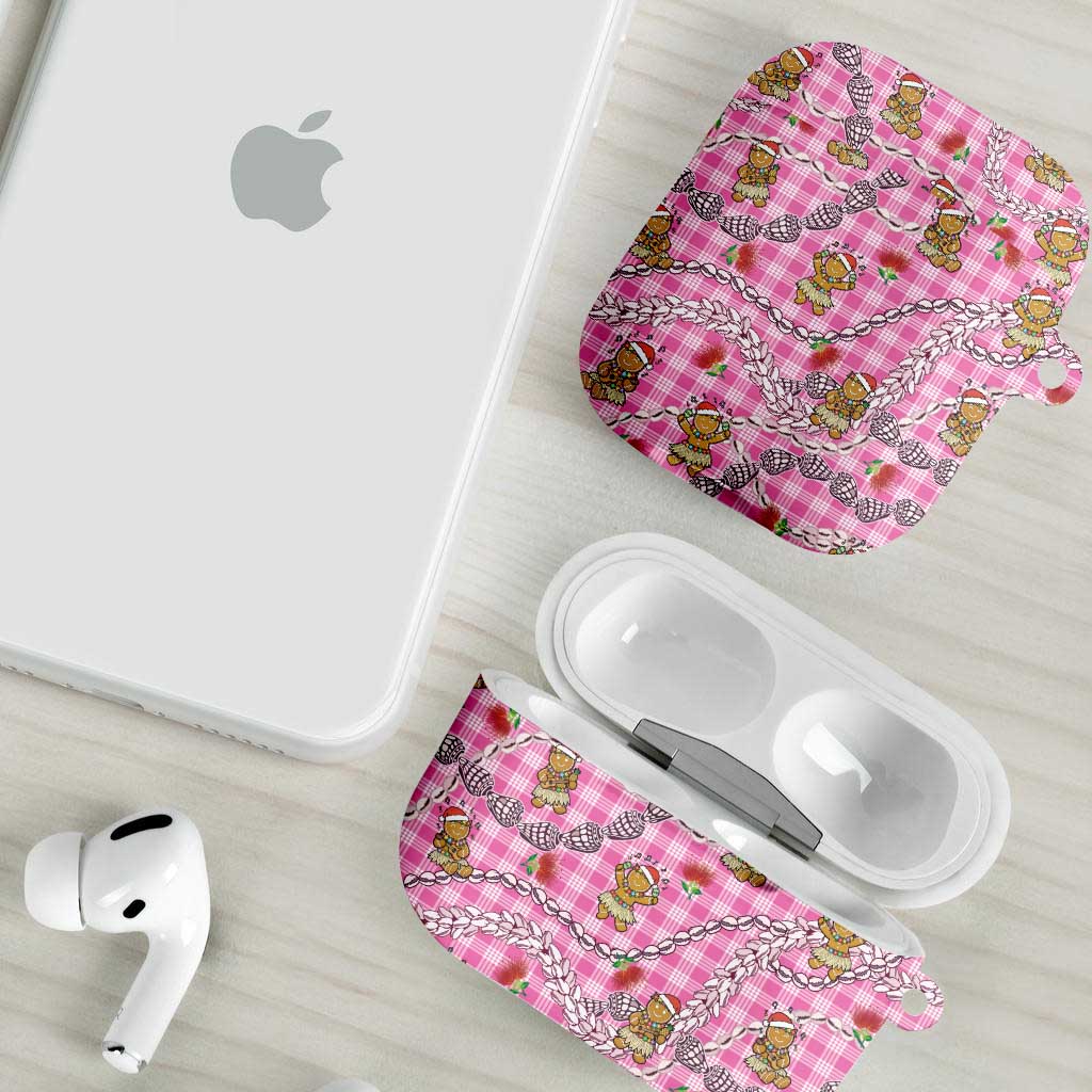 Pink Palaka Hawaii Mele Kalikimaka AirPods Case Ohia Lehua Shell Leis Funny Gingerbread Santa - Polynesian Pride