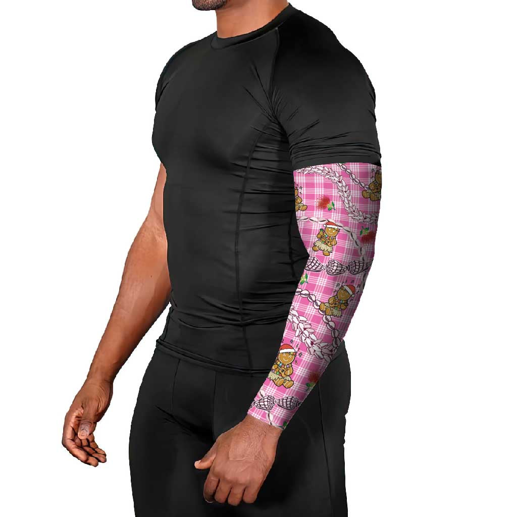 Pink Palaka Hawaii Mele Kalikimaka Arm Sleeves Ohia Lehua Shell Leis Funny Gingerbread Santa - Polynesian Pride