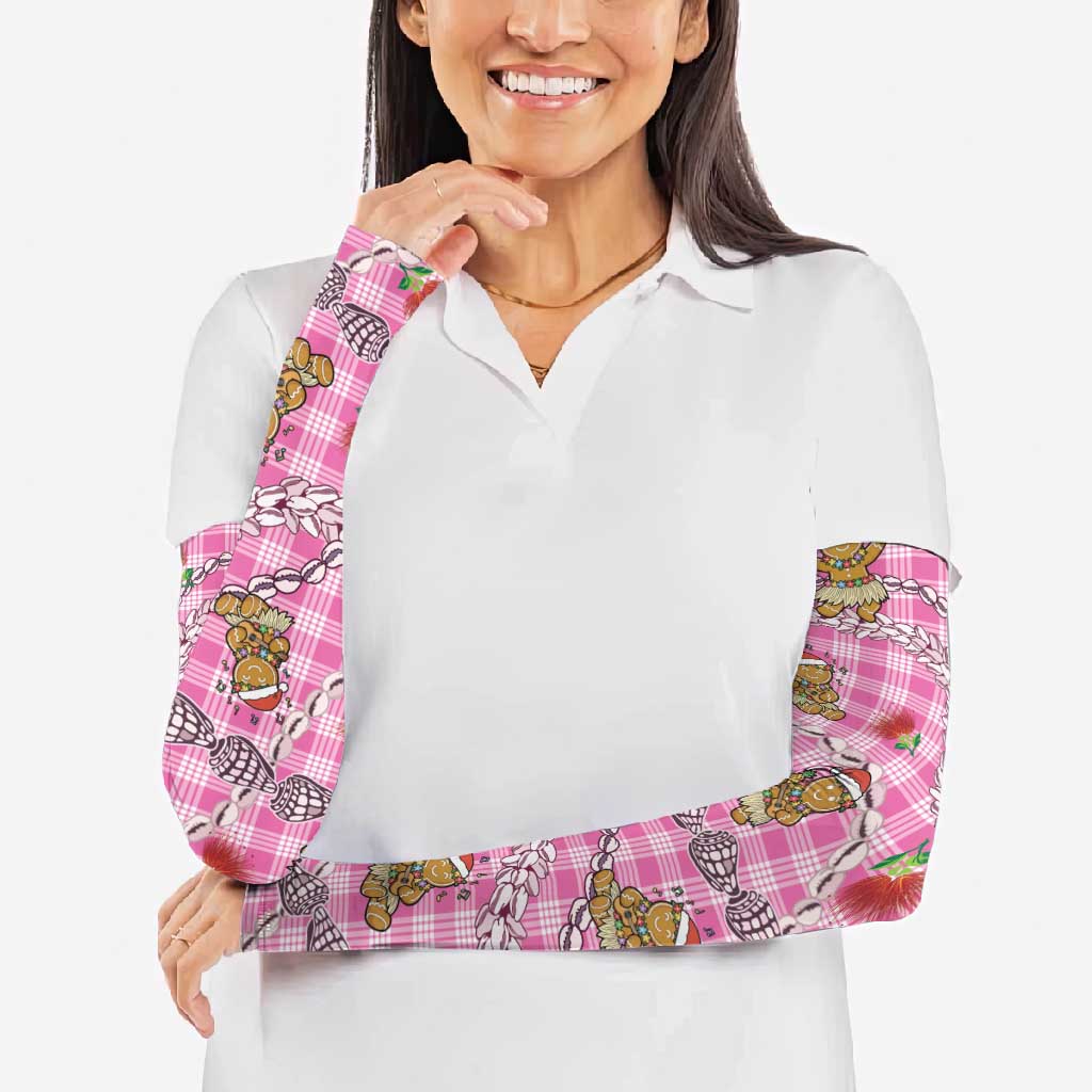 Pink Palaka Hawaii Mele Kalikimaka Arm Sleeves Ohia Lehua Shell Leis Funny Gingerbread Santa - Polynesian Pride