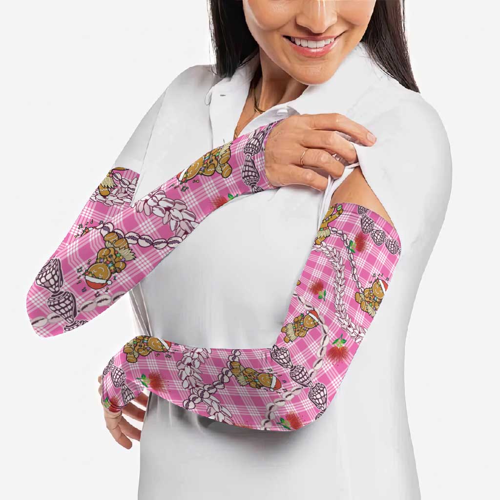 Pink Palaka Hawaii Mele Kalikimaka Arm Sleeves Ohia Lehua Shell Leis Funny Gingerbread Santa - Polynesian Pride