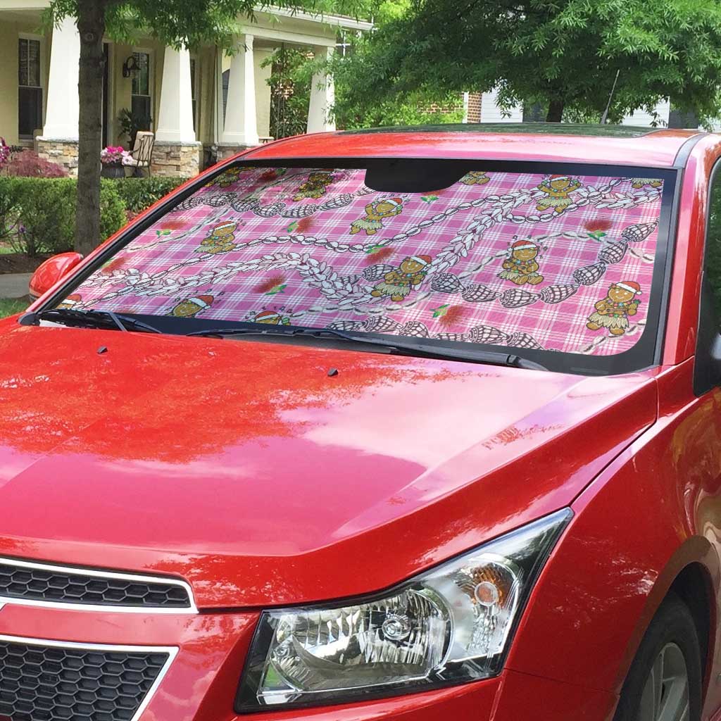 Pink Palaka Hawaii Mele Kalikimaka Auto Sun Shade Ohia Lehua Shell Leis Funny Gingerbread Santa - Polynesian Pride