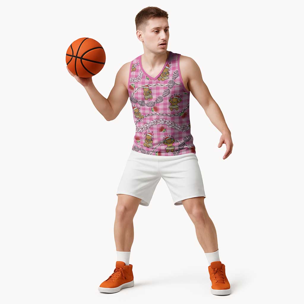 Pink Palaka Hawaii Mele Kalikimaka Basketball Jersey Ohia Lehua Shell Leis Funny Gingerbread Santa - Polynesian Pride