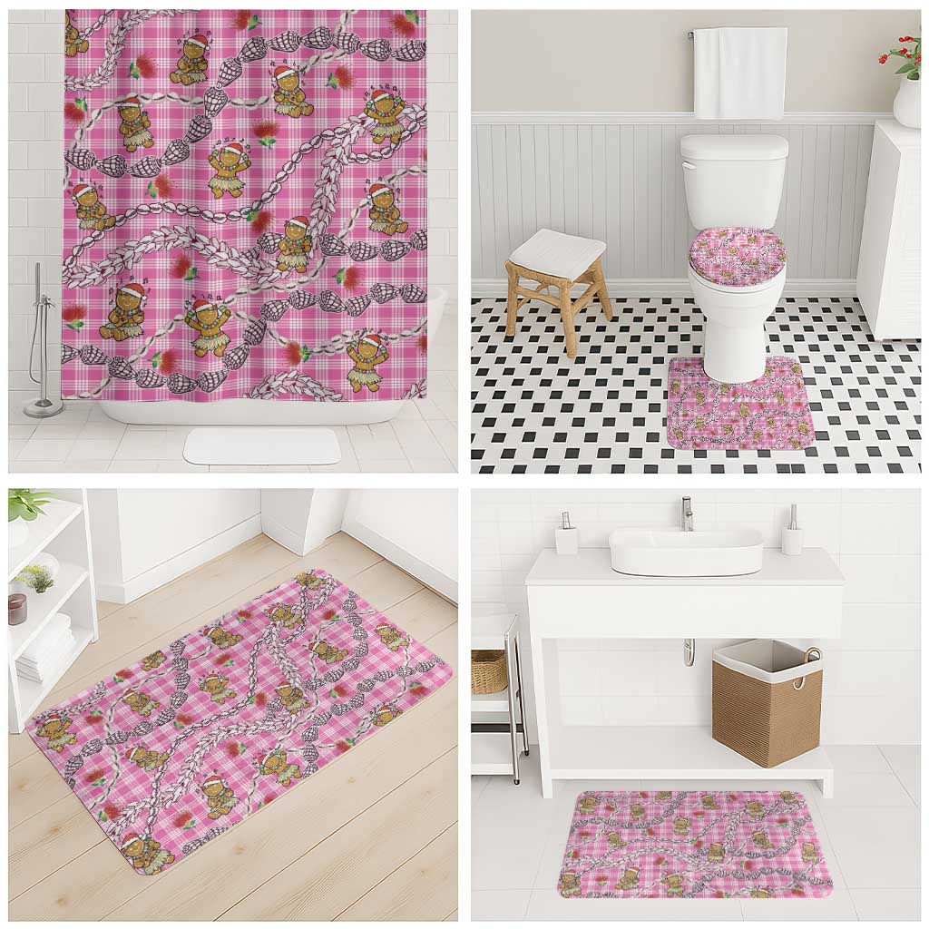 Pink Palaka Hawaii Mele Kalikimaka Bathroom Set Ohia Lehua Shell Leis Funny Gingerbread Santa - Polynesian Pride