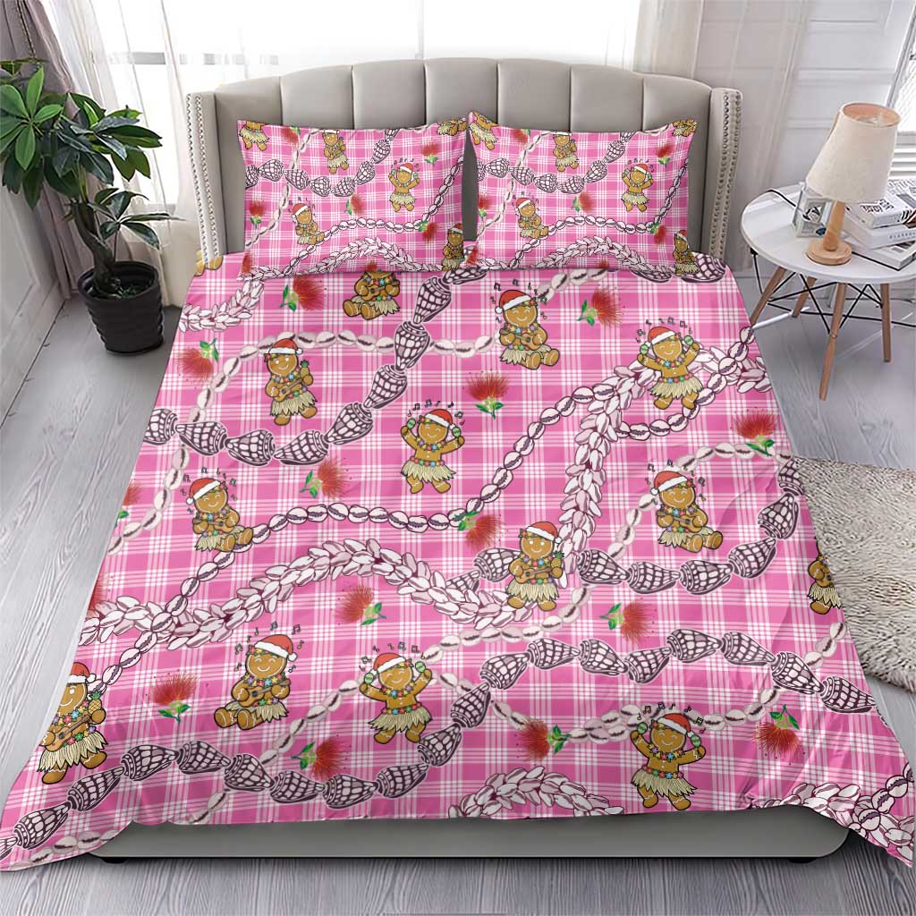 Pink Palaka Hawaii Mele Kalikimaka Bedding Set Ohia Lehua Shell Leis Funny Gingerbread Santa - Polynesian Pride