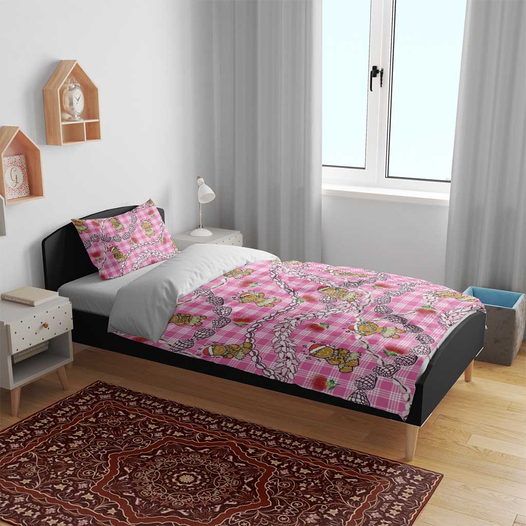 Pink Palaka Hawaii Mele Kalikimaka Bedding Set Ohia Lehua Shell Leis Funny Gingerbread Santa - Polynesian Pride