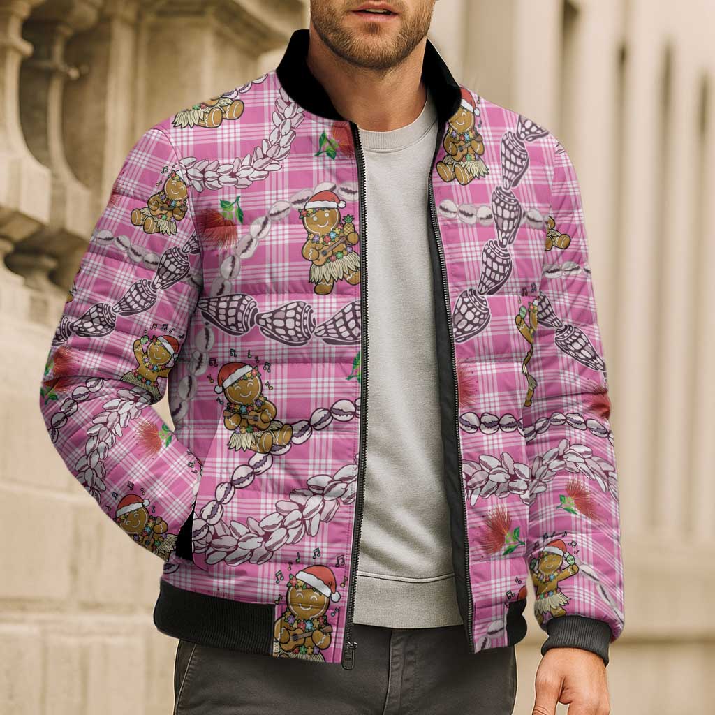 Pink Palaka Hawaii Mele Kalikimaka Bomber Puffer Jacket Ohia Lehua Shell Leis Funny Gingerbread Santa - Polynesian Pride