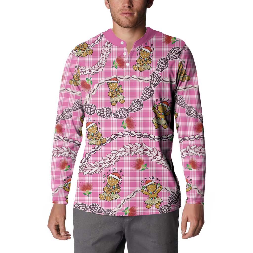 Pink Palaka Hawaii Mele Kalikimaka Button Sweatshirt Ohia Lehua Shell Leis Funny Gingerbread Santa - Polynesian Pride