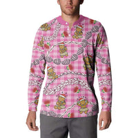 Pink Palaka Hawaii Mele Kalikimaka Button Sweatshirt Ohia Lehua Shell Leis Funny Gingerbread Santa - Polynesian Pride