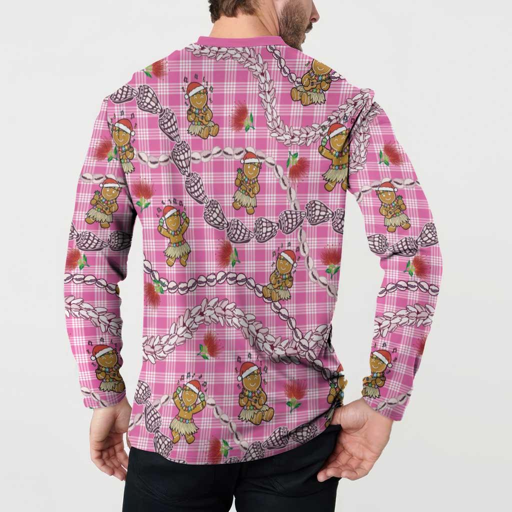Pink Palaka Hawaii Mele Kalikimaka Button Sweatshirt Ohia Lehua Shell Leis Funny Gingerbread Santa - Polynesian Pride