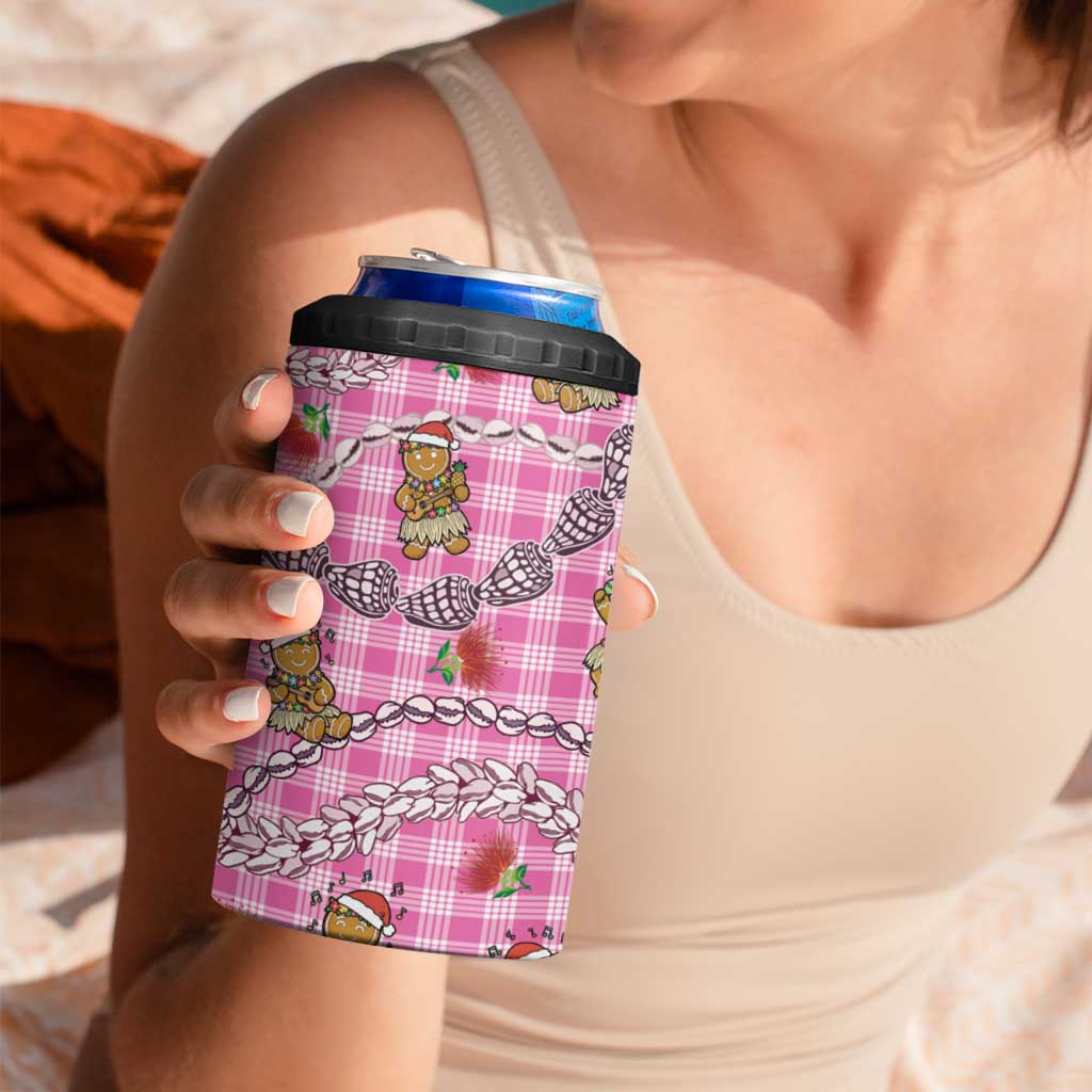 Pink Palaka Hawaii Mele Kalikimaka 4 in 1 Can Cooler Tumbler Ohia Lehua Shell Leis Funny Gingerbread Santa - Polynesian Pride