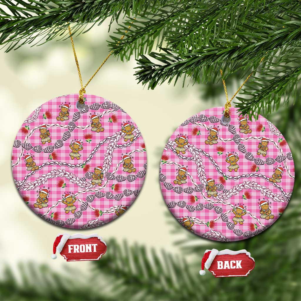 Pink Palaka Hawaii Mele Kalikimaka Ceramic Ornament Ohia Lehua Shell Leis Funny Gingerbread Santa - Polynesian Pride