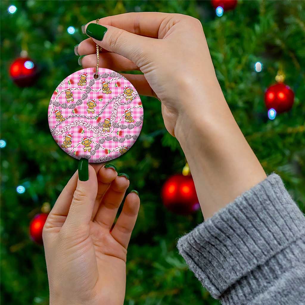 Pink Palaka Hawaii Mele Kalikimaka Ceramic Ornament Ohia Lehua Shell Leis Funny Gingerbread Santa - Polynesian Pride