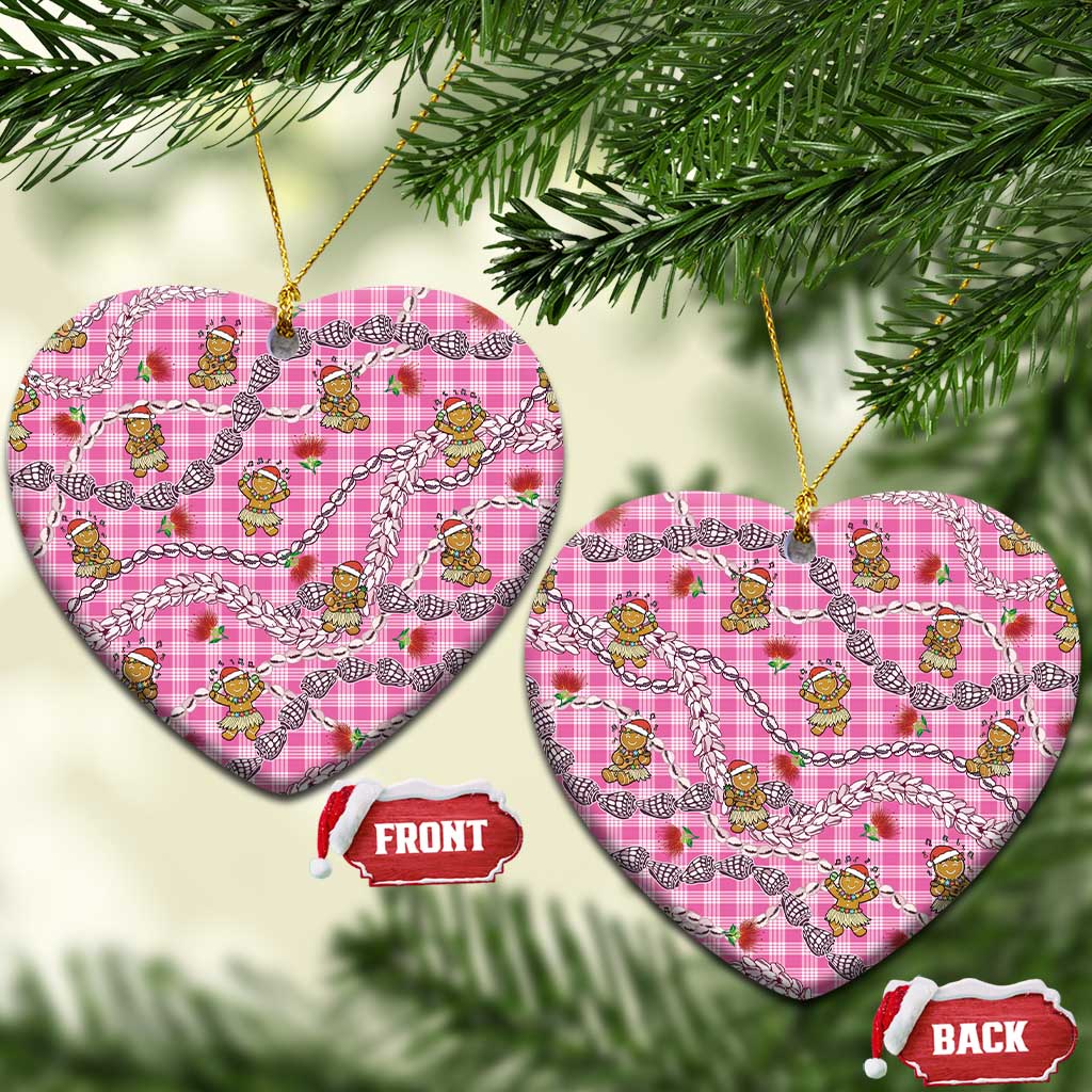 Pink Palaka Hawaii Mele Kalikimaka Ceramic Ornament Ohia Lehua Shell Leis Funny Gingerbread Santa - Polynesian Pride