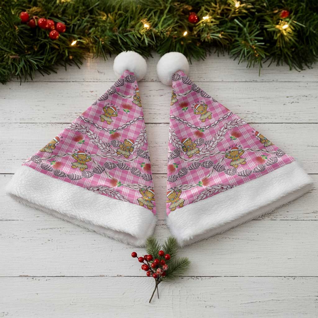 Pink Palaka Hawaii Mele Kalikimaka Christmas Santa Hat Ohia Lehua Shell Leis Funny Gingerbread Santa - Polynesian Pride