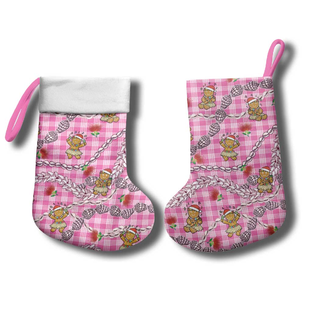 Pink Palaka Hawaii Mele Kalikimaka Christmas Stocking Ohia Lehua Shell Leis Funny Gingerbread Santa - Polynesian Pride