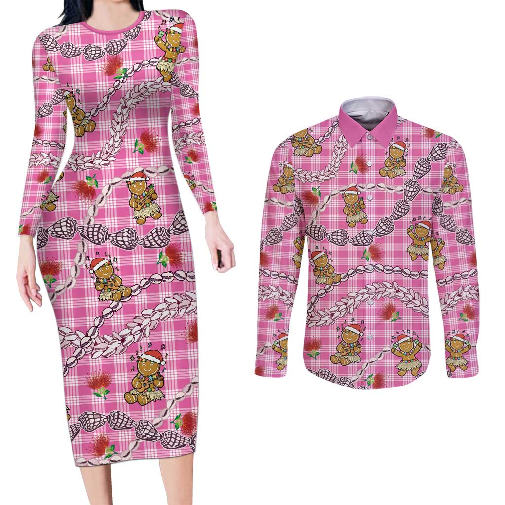 Pink Palaka Hawaii Mele Kalikimaka Couples Matching Long Sleeve Bodycon Dress and Long Sleeve Button Shirt Ohia Lehua Shell Leis Funny Gingerbread Santa LT14 Pink - Polynesian Pride