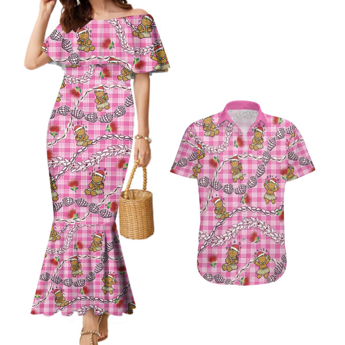 Pink Palaka Hawaii Mele Kalikimaka Couples Matching Mermaid Dress and Hawaiian Shirt Ohia Lehua Shell Leis Funny Gingerbread Santa - Polynesian Pride