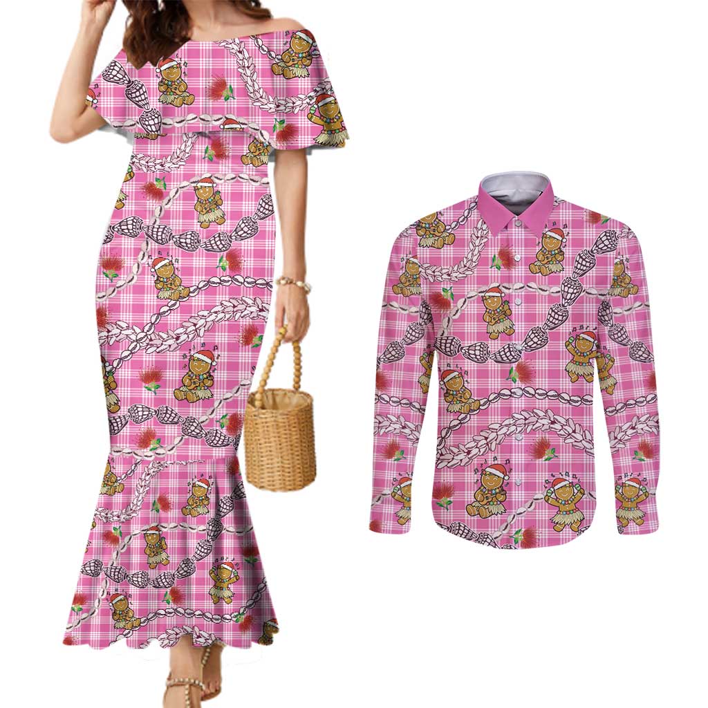 Pink Palaka Hawaii Mele Kalikimaka Couples Matching Mermaid Dress and Long Sleeve Button Shirt Ohia Lehua Shell Leis Funny Gingerbread Santa LT14 Pink - Polynesian Pride