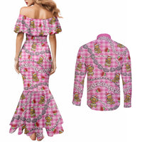Pink Palaka Hawaii Mele Kalikimaka Couples Matching Mermaid Dress and Long Sleeve Button Shirt Ohia Lehua Shell Leis Funny Gingerbread Santa LT14 - Polynesian Pride