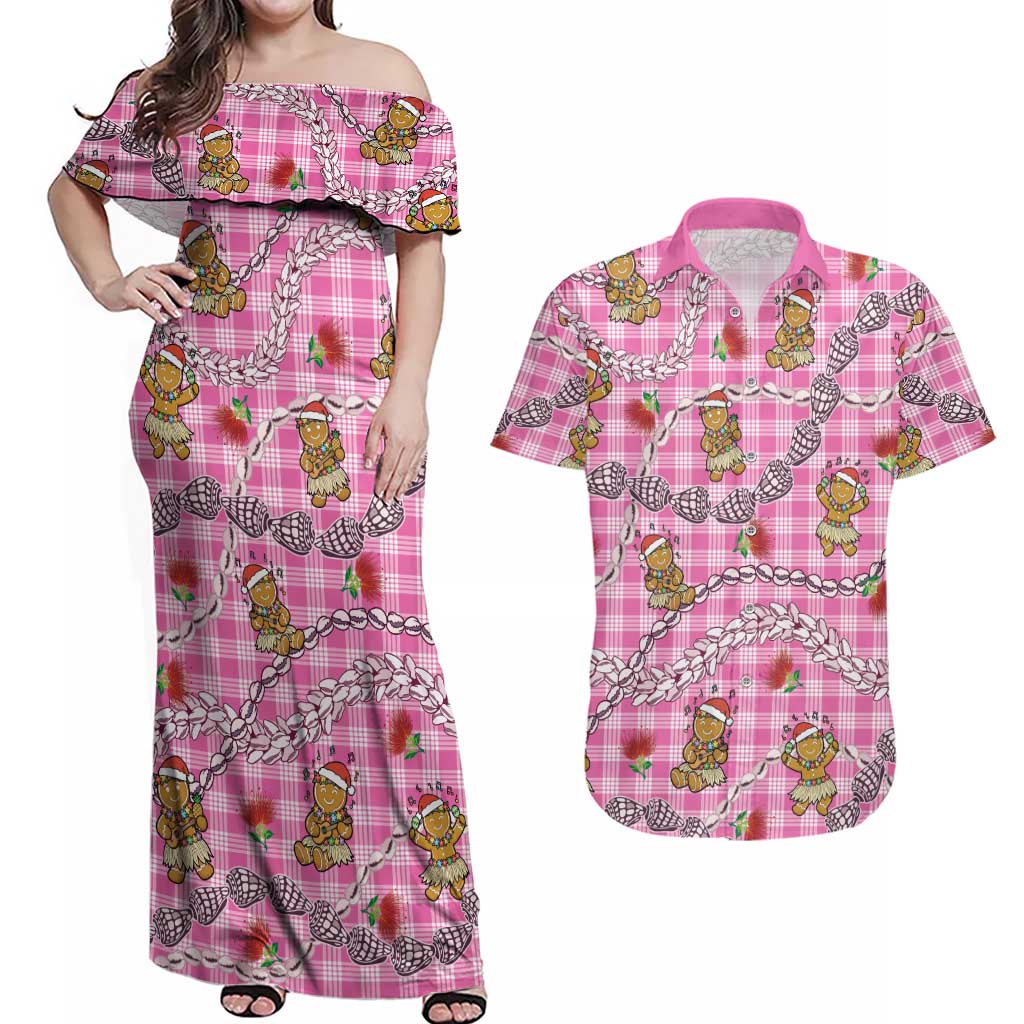 Pink Palaka Hawaii Mele Kalikimaka Couples Matching Off Shoulder Maxi Dress and Hawaiian Shirt Ohia Lehua Shell Leis Funny Gingerbread Santa - Polynesian Pride