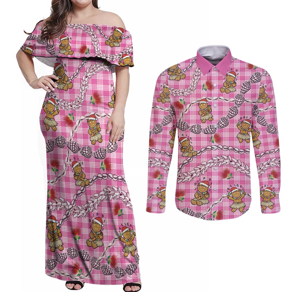 Pink Palaka Hawaii Mele Kalikimaka Couples Matching Off Shoulder Maxi Dress and Long Sleeve Button Shirt Ohia Lehua Shell Leis Funny Gingerbread Santa - Polynesian Pride