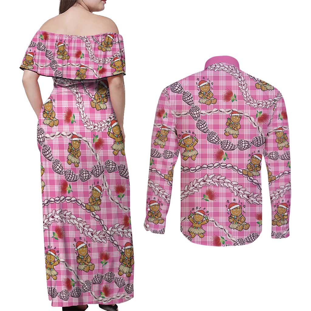 Pink Palaka Hawaii Mele Kalikimaka Couples Matching Off Shoulder Maxi Dress and Long Sleeve Button Shirt Ohia Lehua Shell Leis Funny Gingerbread Santa LT14 - Polynesian Pride