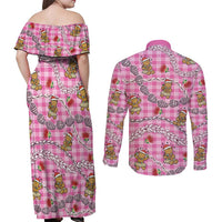 Pink Palaka Hawaii Mele Kalikimaka Couples Matching Off Shoulder Maxi Dress and Long Sleeve Button Shirt Ohia Lehua Shell Leis Funny Gingerbread Santa LT14 - Polynesian Pride