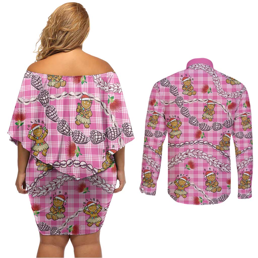Pink Palaka Hawaii Mele Kalikimaka Couples Matching Off Shoulder Short Dress and Long Sleeve Button Shirt Ohia Lehua Shell Leis Funny Gingerbread Santa LT14 - Polynesian Pride