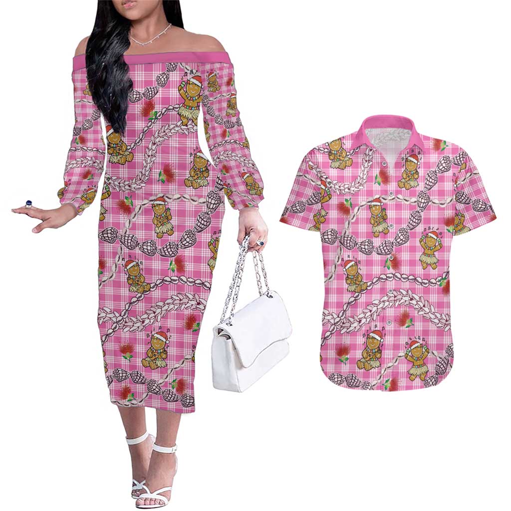 Pink Palaka Hawaii Mele Kalikimaka Couples Matching Off The Shoulder Long Sleeve Dress and Hawaiian Shirt Ohia Lehua Shell Leis Funny Gingerbread Santa - Polynesian Pride