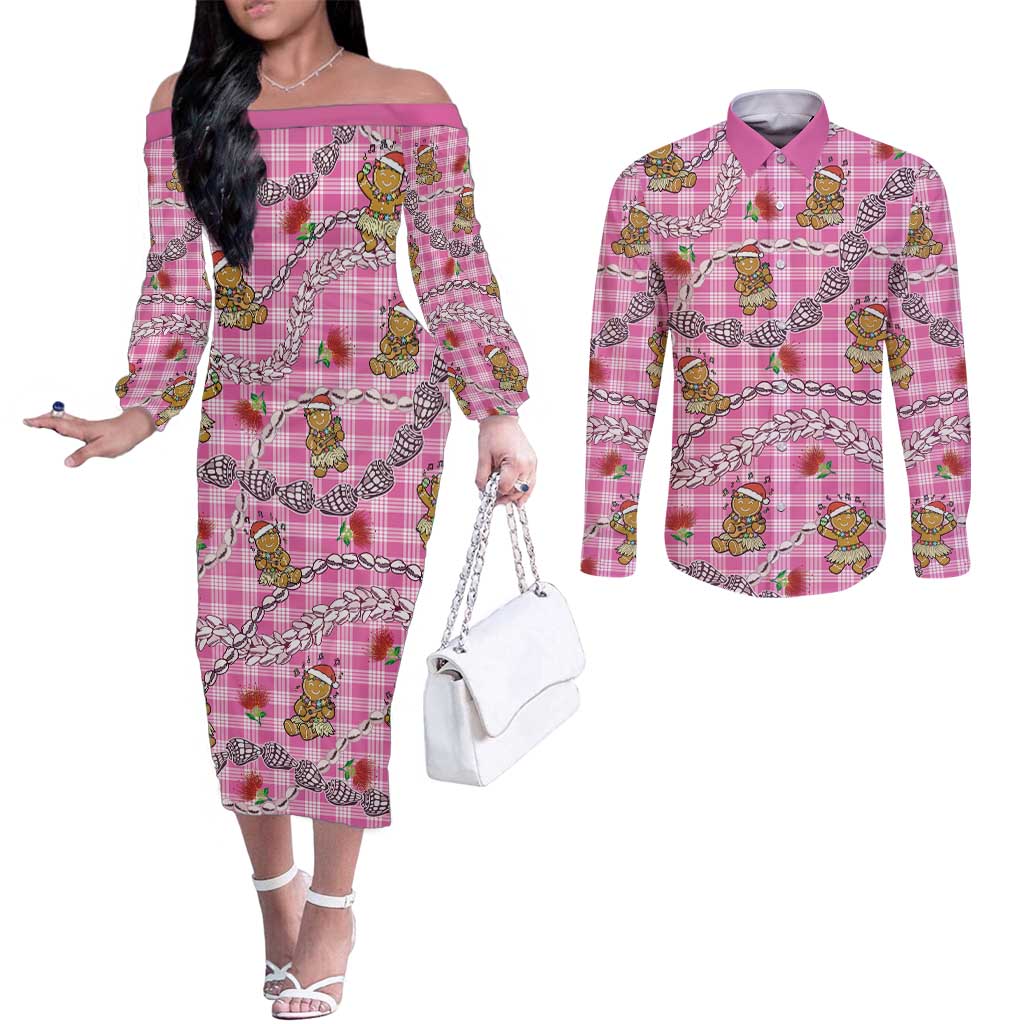 Pink Palaka Hawaii Mele Kalikimaka Couples Matching Off The Shoulder Long Sleeve Dress and Long Sleeve Button Shirt Ohia Lehua Shell Leis Funny Gingerbread Santa LT14 Pink - Polynesian Pride