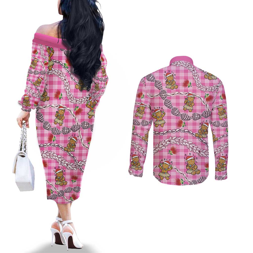 Pink Palaka Hawaii Mele Kalikimaka Couples Matching Off The Shoulder Long Sleeve Dress and Long Sleeve Button Shirt Ohia Lehua Shell Leis Funny Gingerbread Santa LT14 - Polynesian Pride
