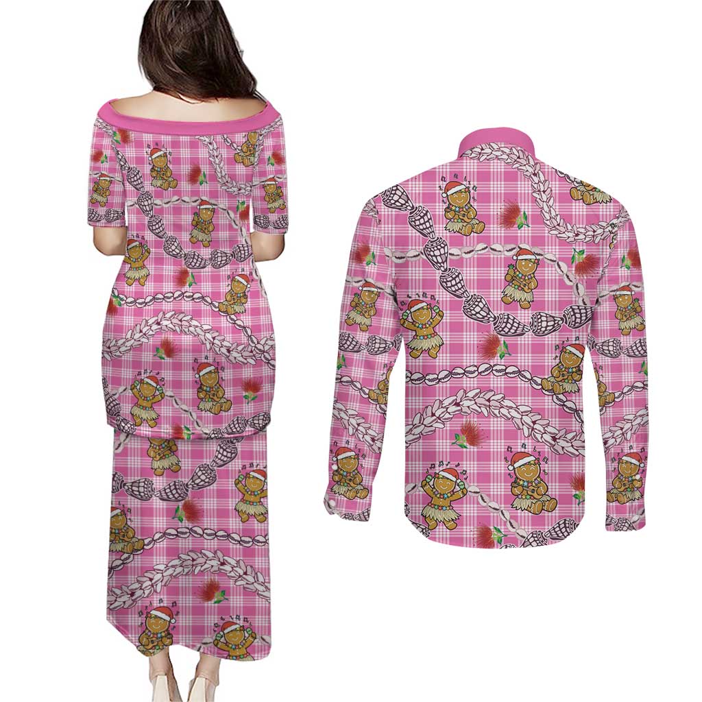 Pink Palaka Hawaii Mele Kalikimaka Couples Matching Puletasi and Long Sleeve Button Shirt Ohia Lehua Shell Leis Funny Gingerbread Santa - Polynesian Pride