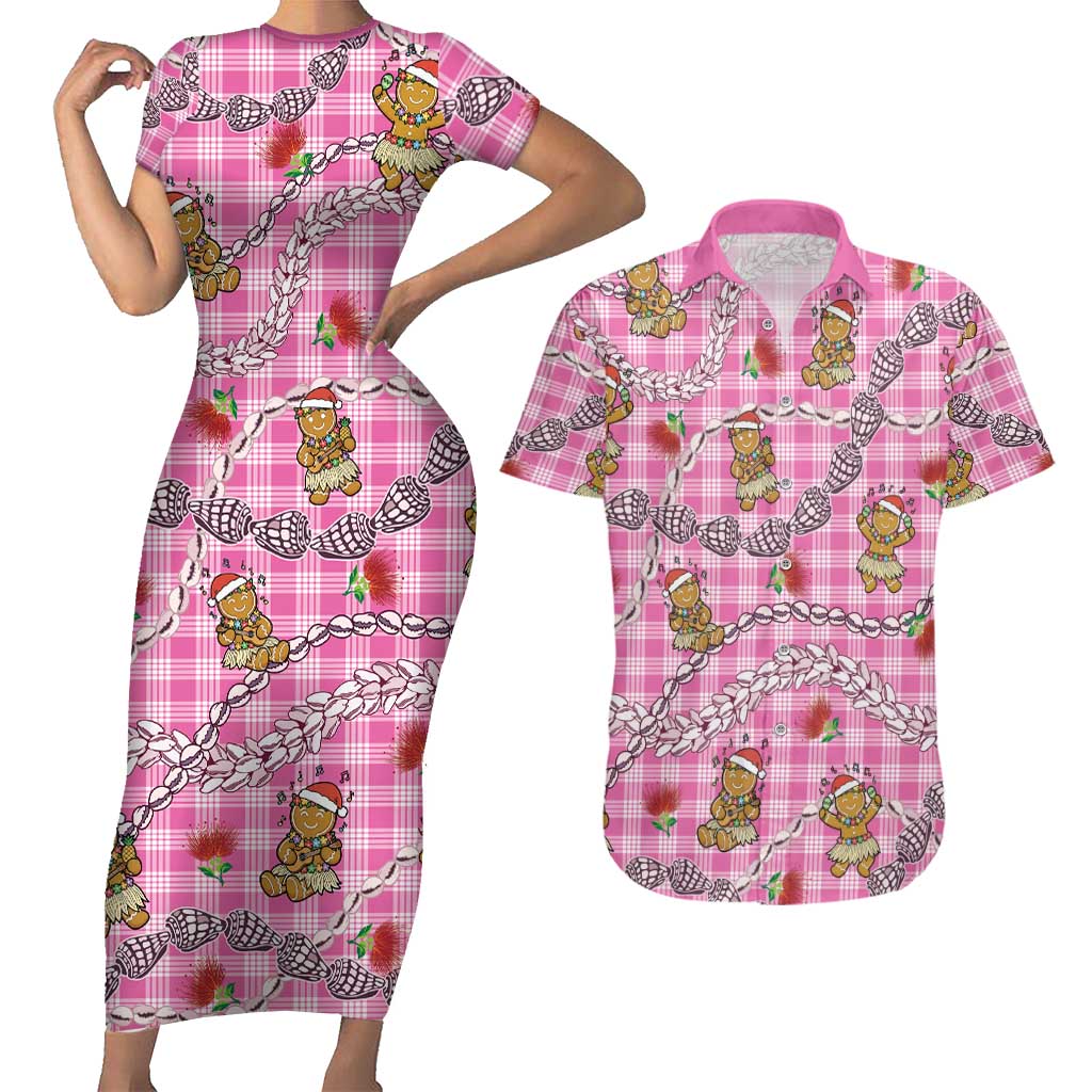 Pink Palaka Hawaii Mele Kalikimaka Couples Matching Short Sleeve Bodycon Dress and Hawaiian Shirt Ohia Lehua Shell Leis Funny Gingerbread Santa - Polynesian Pride