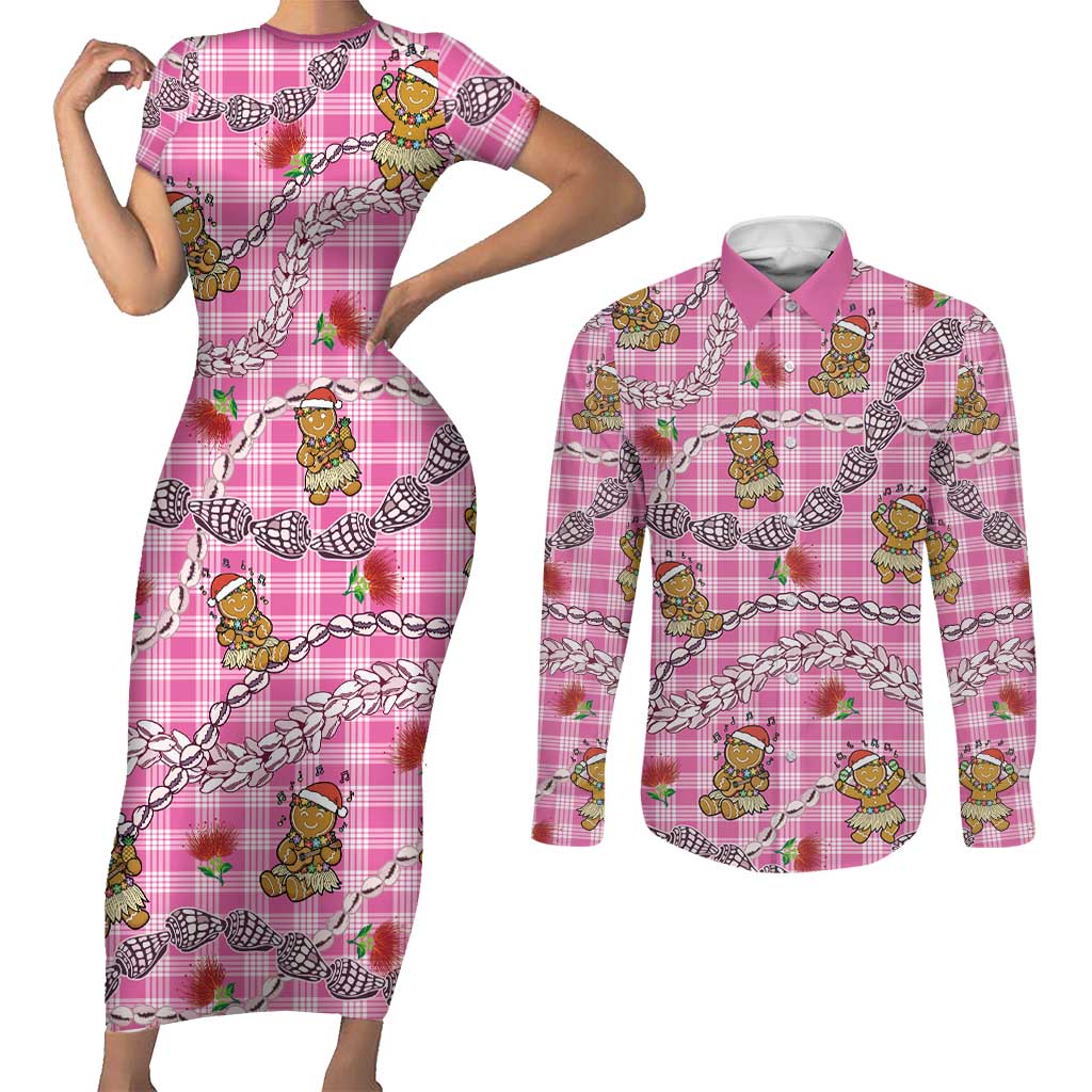 Pink Palaka Hawaii Mele Kalikimaka Couples Matching Short Sleeve Bodycon Dress and Long Sleeve Button Shirt Ohia Lehua Shell Leis Funny Gingerbread Santa LT14 Pink - Polynesian Pride