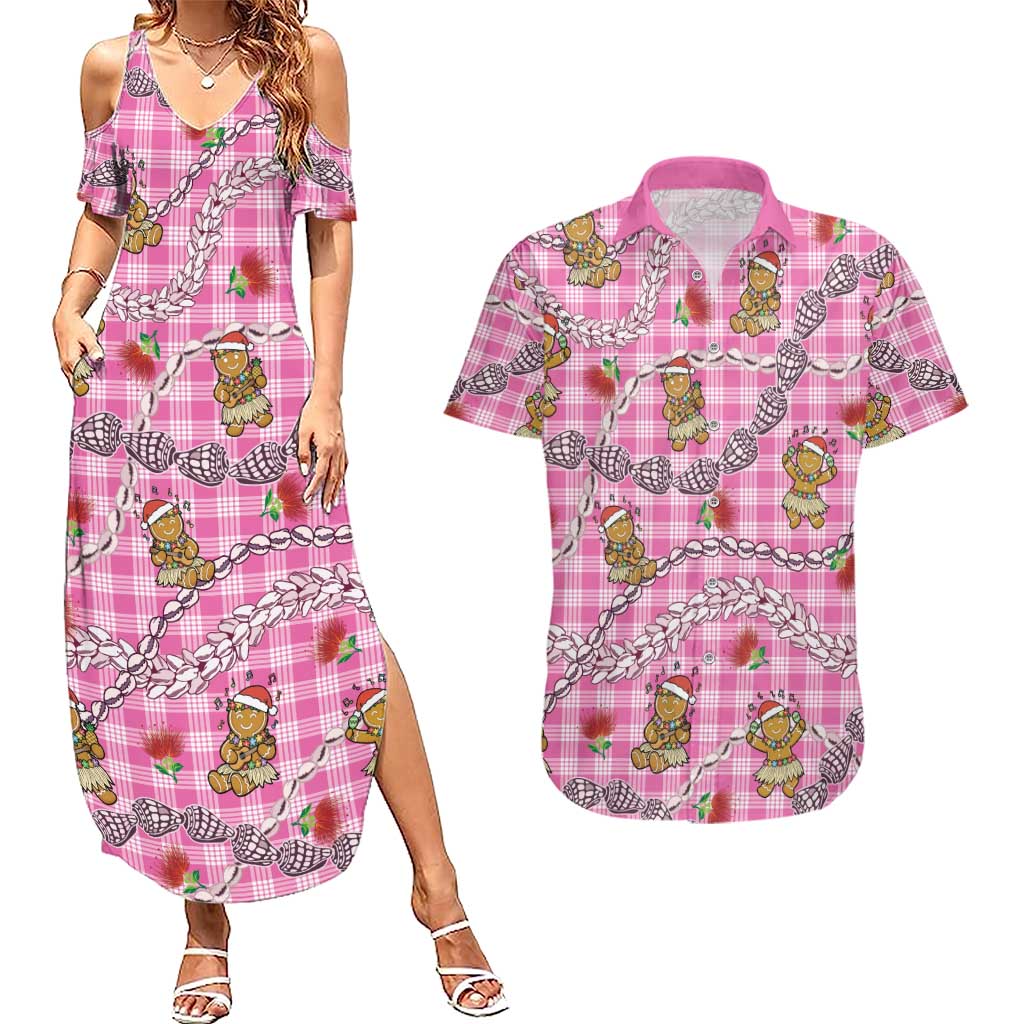 Pink Palaka Hawaii Mele Kalikimaka Couples Matching Summer Maxi Dress and Hawaiian Shirt Ohia Lehua Shell Leis Funny Gingerbread Santa LT14 Pink - Polynesian Pride