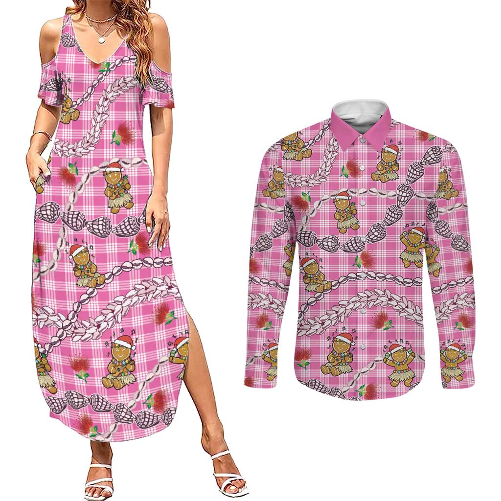 Pink Palaka Hawaii Mele Kalikimaka Couples Matching Summer Maxi Dress and Long Sleeve Button Shirt Ohia Lehua Shell Leis Funny Gingerbread Santa - Polynesian Pride
