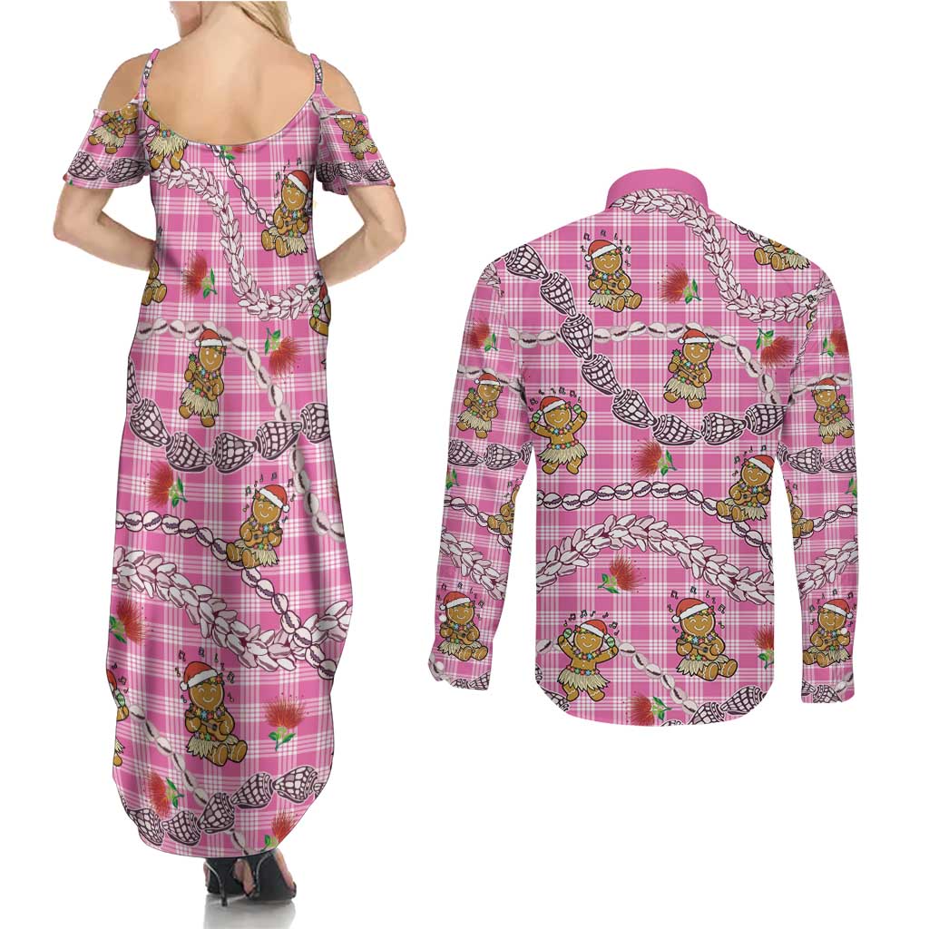Pink Palaka Hawaii Mele Kalikimaka Couples Matching Summer Maxi Dress and Long Sleeve Button Shirt Ohia Lehua Shell Leis Funny Gingerbread Santa LT14 - Polynesian Pride
