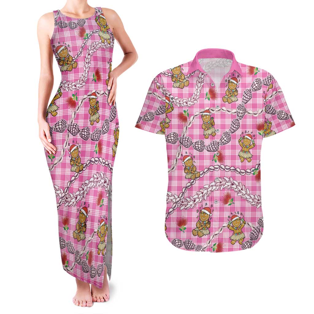 Pink Palaka Hawaii Mele Kalikimaka Couples Matching Tank Maxi Dress and Hawaiian Shirt Ohia Lehua Shell Leis Funny Gingerbread Santa LT14 Pink - Polynesian Pride
