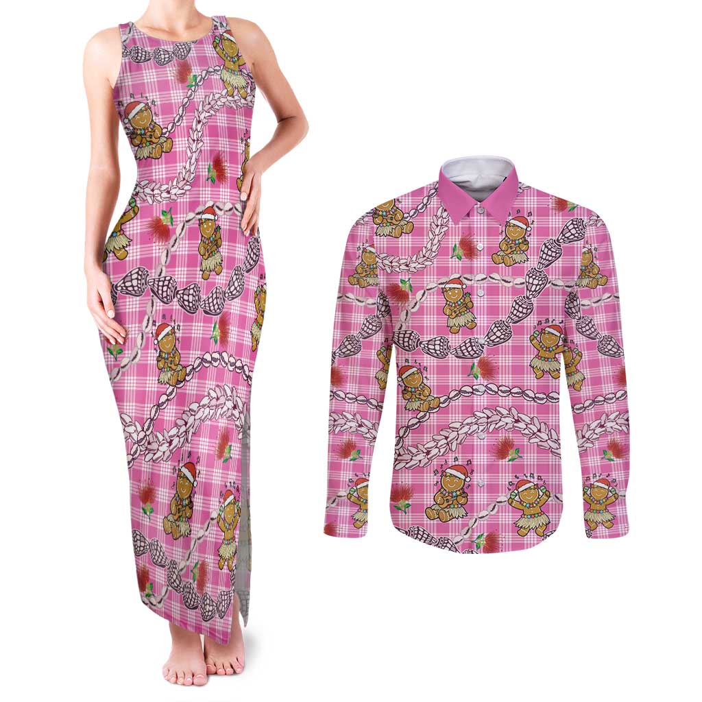 Pink Palaka Hawaii Mele Kalikimaka Couples Matching Tank Maxi Dress and Long Sleeve Button Shirt Ohia Lehua Shell Leis Funny Gingerbread Santa - Polynesian Pride