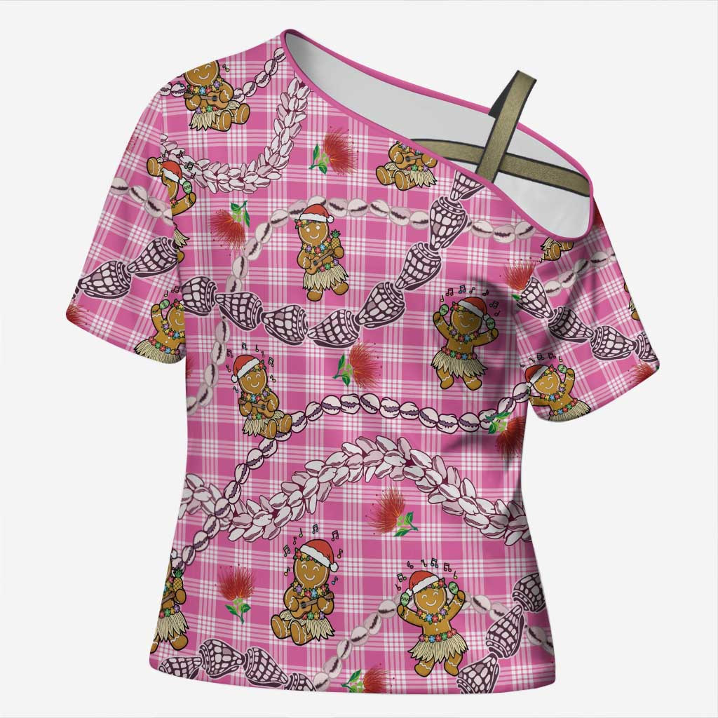 Pink Palaka Hawaii Mele Kalikimaka Cross Shoulder Shirt Ohia Lehua Shell Leis Funny Gingerbread Santa - Polynesian Pride