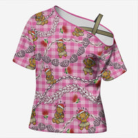 Pink Palaka Hawaii Mele Kalikimaka Cross Shoulder Shirt Ohia Lehua Shell Leis Funny Gingerbread Santa - Polynesian Pride