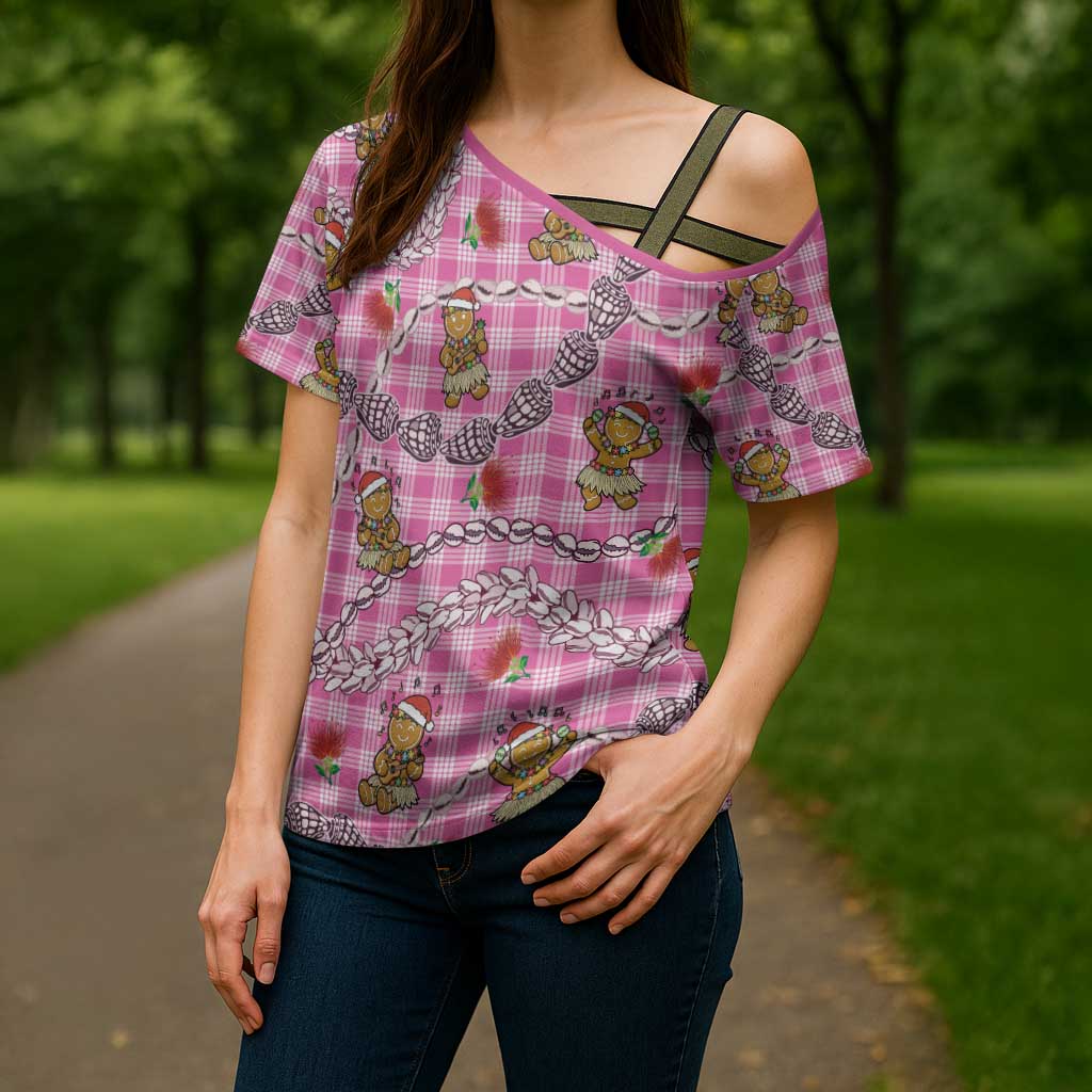 Pink Palaka Hawaii Mele Kalikimaka Cross Shoulder Shirt Ohia Lehua Shell Leis Funny Gingerbread Santa - Polynesian Pride