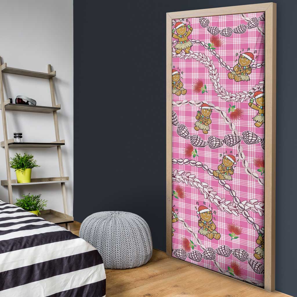Pink Palaka Hawaii Mele Kalikimaka Door Cover Ohia Lehua Shell Leis Funny Gingerbread Santa - Polynesian Pride
