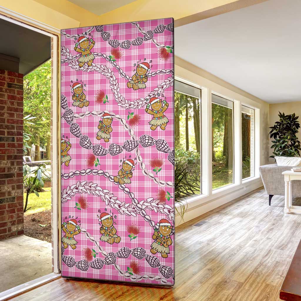 Pink Palaka Hawaii Mele Kalikimaka Door Cover Ohia Lehua Shell Leis Funny Gingerbread Santa - Polynesian Pride
