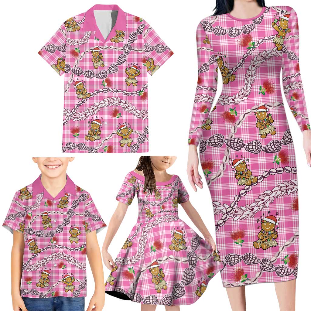 Pink Palaka Hawaii Mele Kalikimaka Family Matching Long Sleeve Bodycon Dress and Hawaiian Shirt Ohia Lehua Shell Leis Funny Gingerbread Santa LT14 - Polynesian Pride