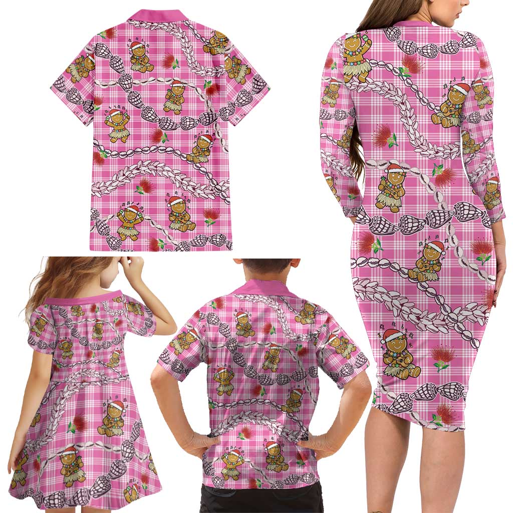 Pink Palaka Hawaii Mele Kalikimaka Family Matching Long Sleeve Bodycon Dress and Hawaiian Shirt Ohia Lehua Shell Leis Funny Gingerbread Santa LT14 - Polynesian Pride