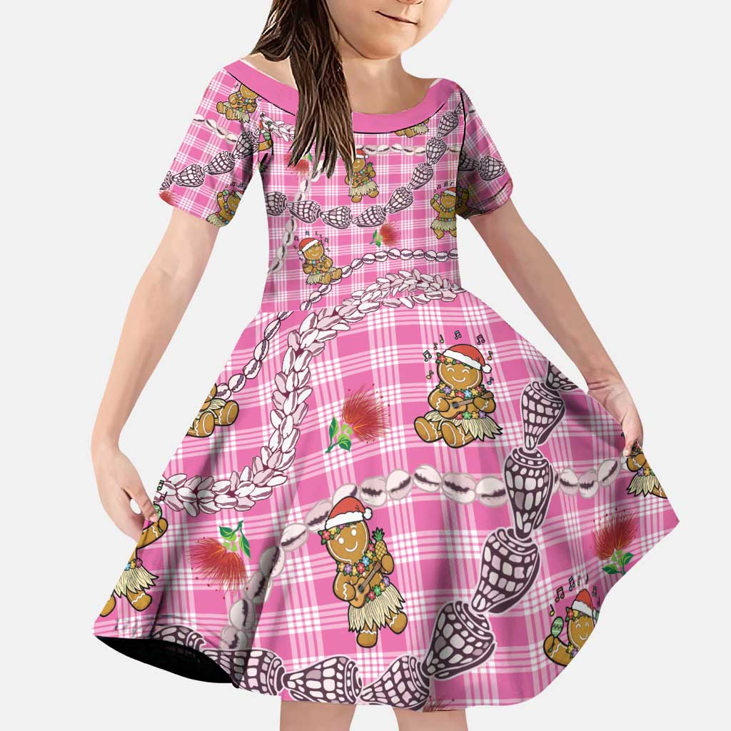 Pink Palaka Hawaii Mele Kalikimaka Family Matching Mermaid Dress and Hawaiian Shirt Ohia Lehua Shell Leis Funny Gingerbread Santa LT14 Daughter's Dress Pink - Polynesian Pride