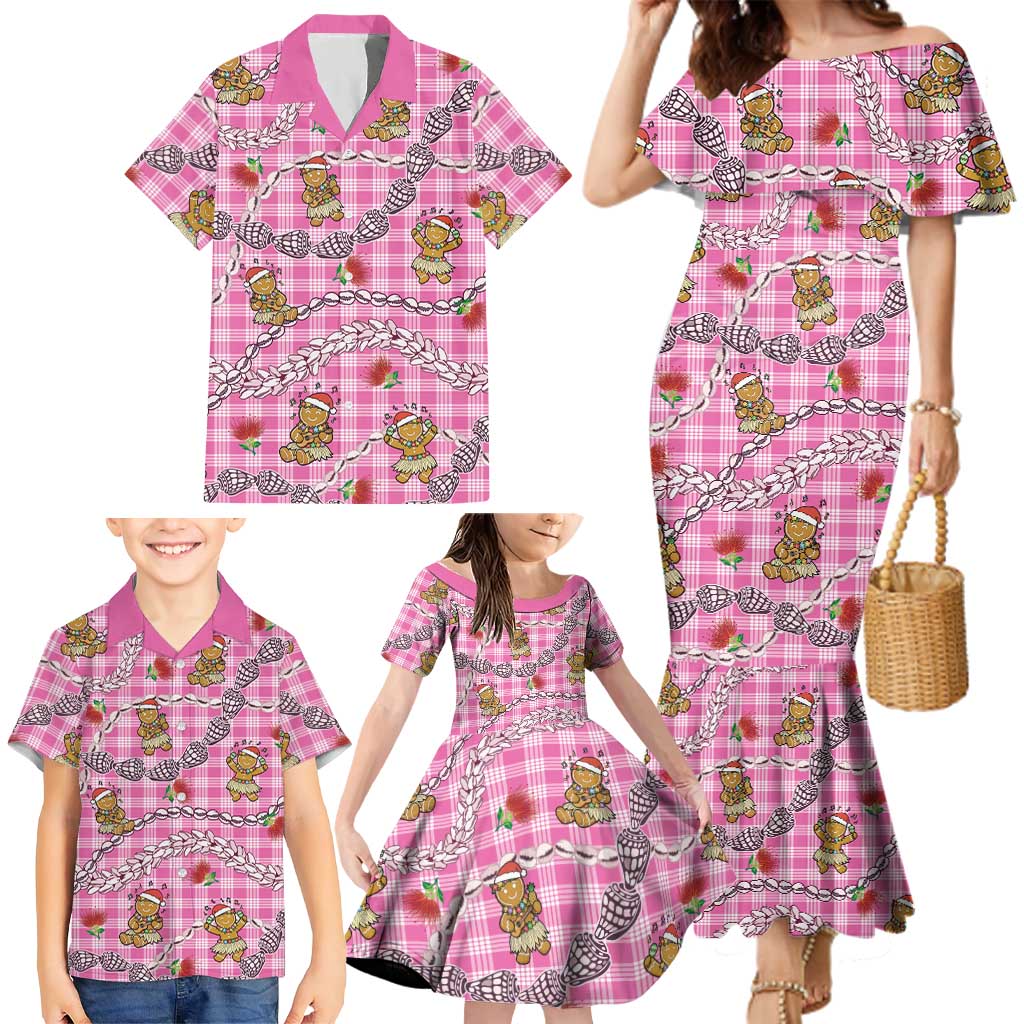 Pink Palaka Hawaii Mele Kalikimaka Family Matching Mermaid Dress and Hawaiian Shirt Ohia Lehua Shell Leis Funny Gingerbread Santa LT14 - Polynesian Pride
